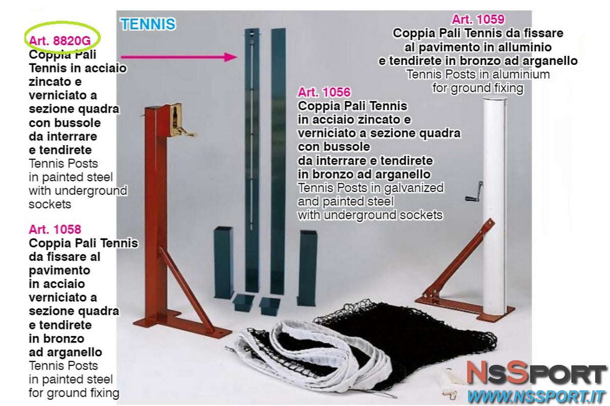 COPPIA PALI TENNIS  in acciaio verniciato a sezione quadra con bossole e tendirete - [product_vendor] - NsSport
